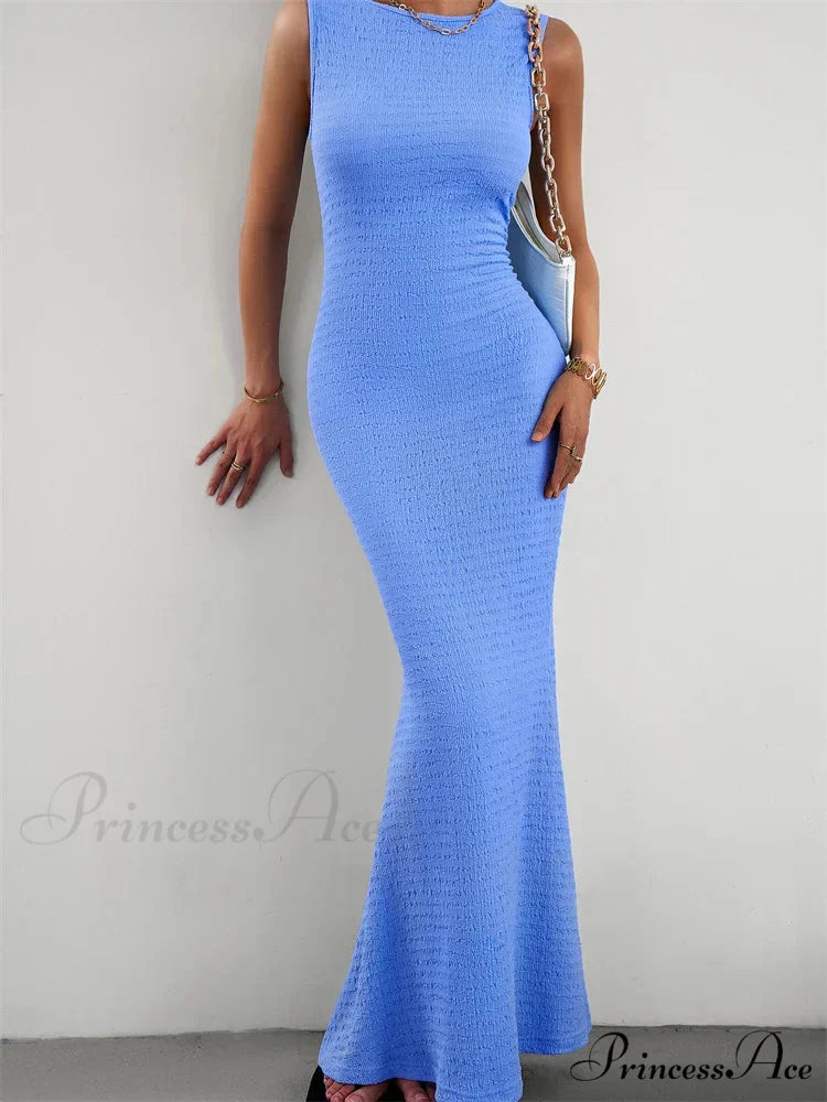 Women Knitted Sleeveless Round Neck Solid Color Slim Fit Ruched Tank Cocktail Party Female Vestidos BLUE / S