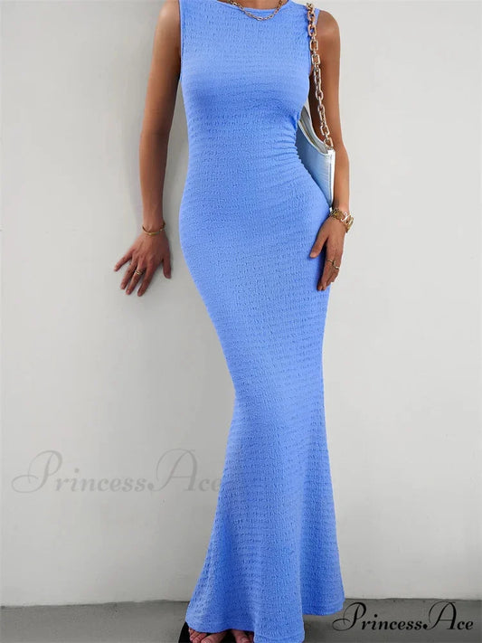 Women Knitted Sleeveless Round Neck Solid Color Slim Fit Ruched Tank Cocktail Party Female Vestidos BLUE / S