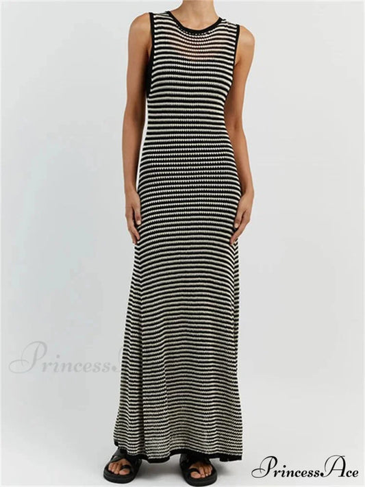 Women Knitted Sleeveless Round Neck Striped Slim Summer Club Party Female Vestidos Streetwear Zebra-stripe / S