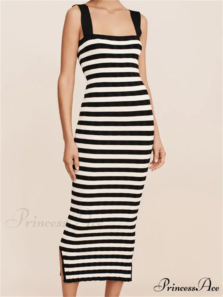 Women Knitted Sleeveless Square Neck Striped Print Beach Tank Side Split Summer Female Vestidos BLACK / S