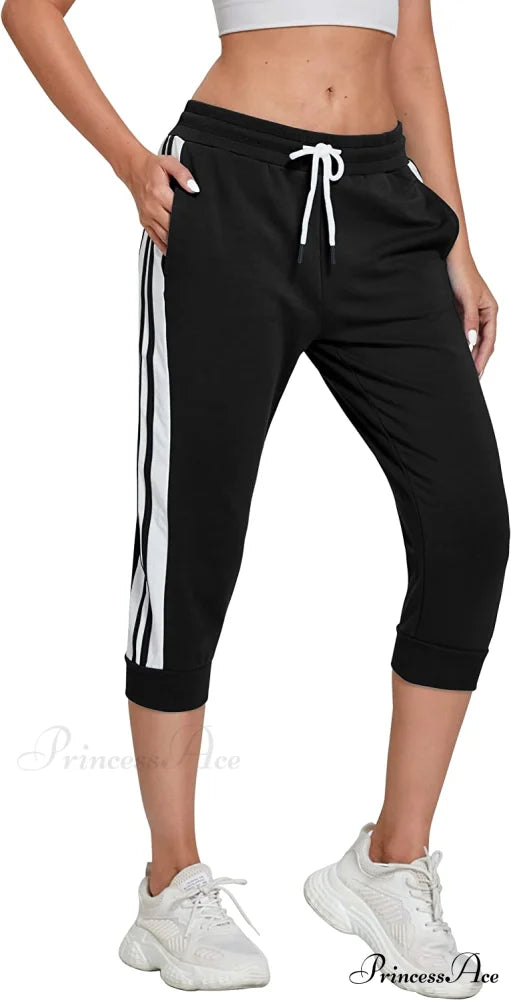 Women锟斤拷锟斤拷锟斤拷s Capri Workout Pants Loose Drawstring Athletic Pants Black / Large