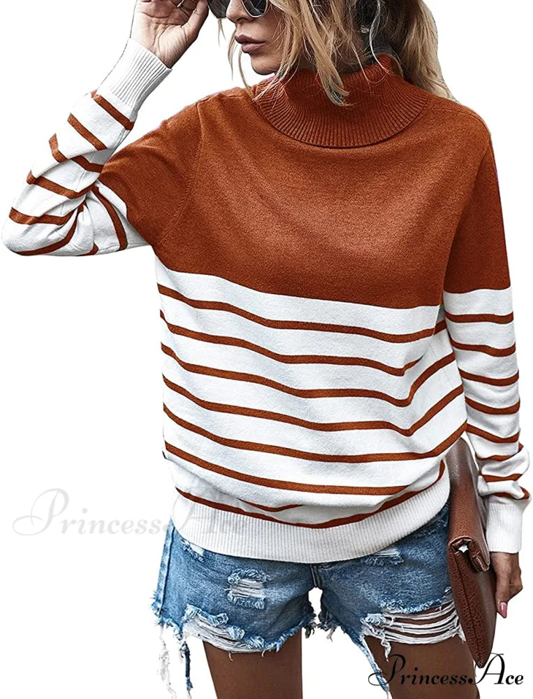 Women锟斤拷锟斤拷锟斤拷锟斤拷锟斤拷锟斤拷锟斤拷锟斤拷锟斤拷s Turtleneck Knitted Long Sleeves Stripe Sweater Stripe-orange Yellow / Medium