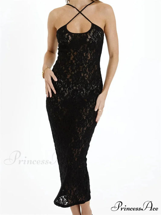 Women Lace Floral See Through Mid Elegant Sleeveless Criss-cross Off Shoulder Party Summer Vestidos BLACK / S
