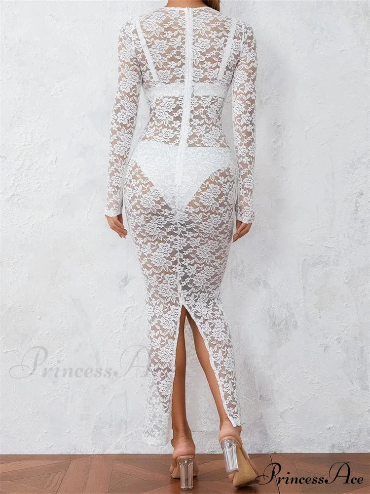 Women Lace Floral See Through Vintage Sleeve Round Neck Solid Back Split Party Female Vestidos