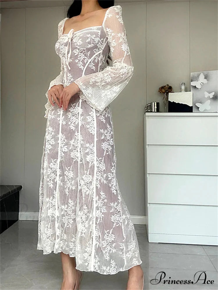 Women Lace Flower Flare Sleeve Square Neck Tie-up Spring Fall Solid Party Female Vestidos WHITE / S