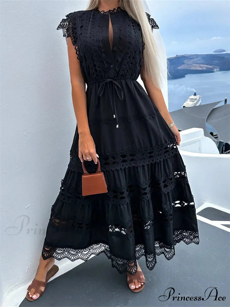Women Lace Hollow Out Sleeve Front Buttons Up V-Neck Patchwork Loose Party Female Vestidos BLACK / S