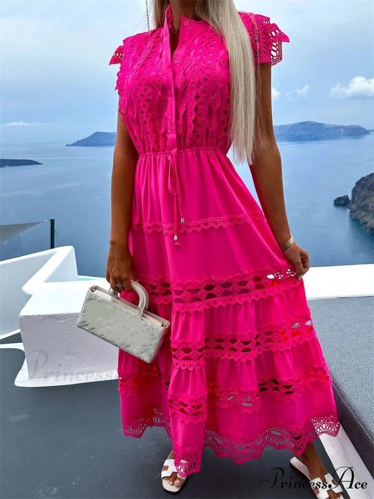 Women Lace Hollow Out Sleeve Front Buttons Up V-Neck Patchwork Loose Party Female Vestidos Rose Red / S