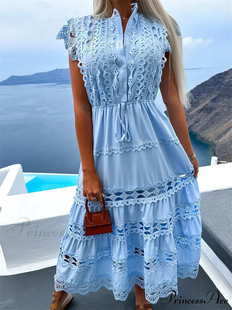 Women Lace Hollow Out Sleeve Front Buttons Up V-Neck Patchwork Loose Party Female Vestidos SKY BLUE / S