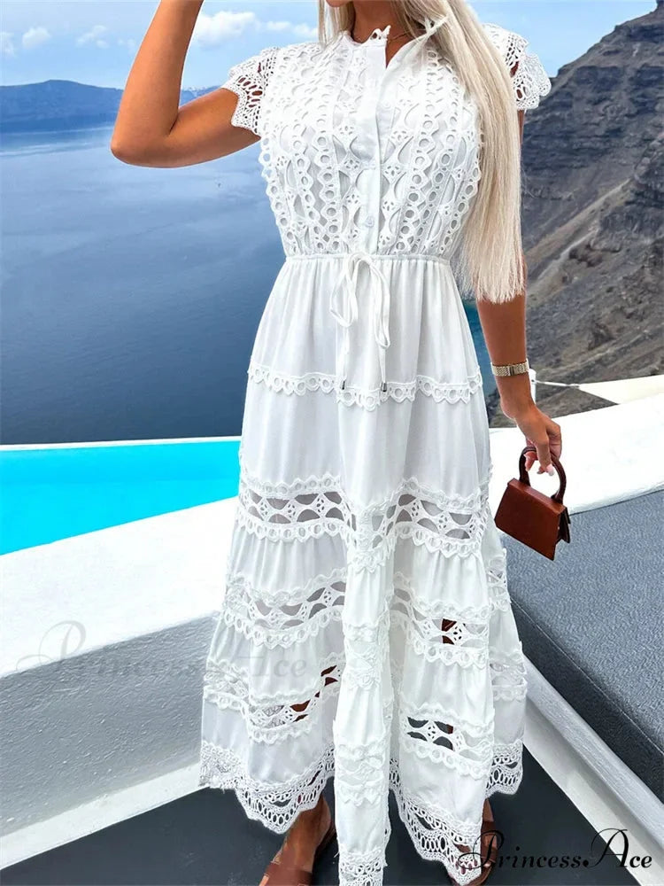 Women Lace Hollow Out Sleeve Front Buttons Up V-Neck Patchwork Loose Party Female Vestidos WHITE / S