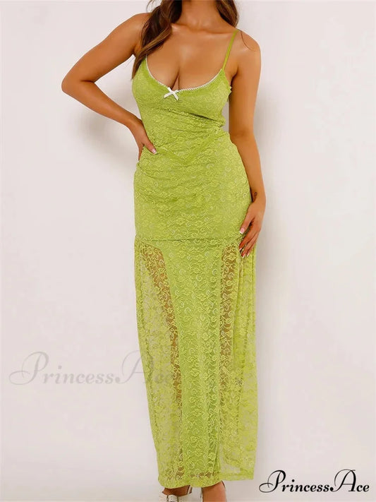 Women Lace V-neck Low Cut Sleeveless Spaghetti Strap Solid Color Bodycon Elegant Party Vestidos LIGHT GREEN / S