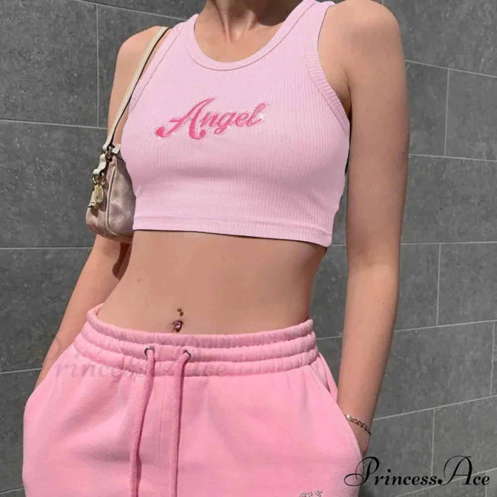 Women Letter Embroidery Vest Summer Sleeveless Crop for Ladies Tank top Pink / S