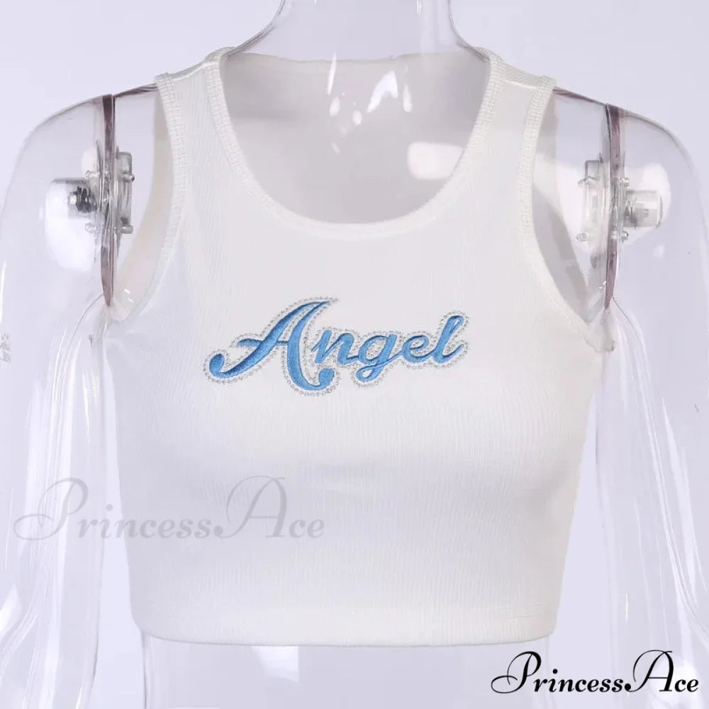 Women Letter Embroidery Vest Summer Sleeveless Crop for Ladies Tank top WHITE / S