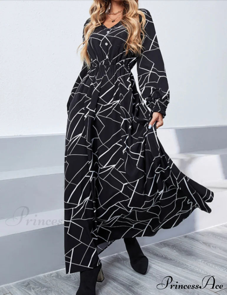 Women Long Skirt Dress with Ruffles and V Neck - Long Sleeved Temperament Dress