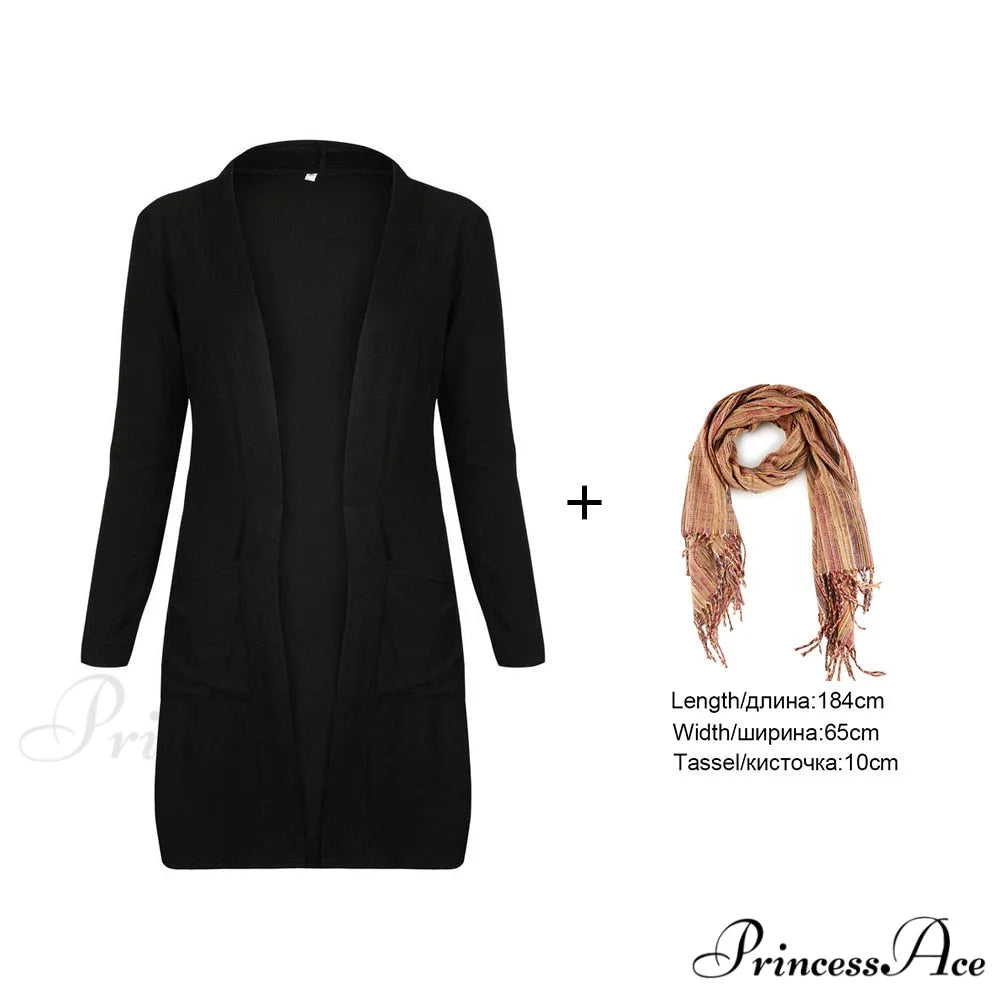 Women Long Sleeve Elegant Pocket Knitted Outerwear Sweater cardigan and scarf / S