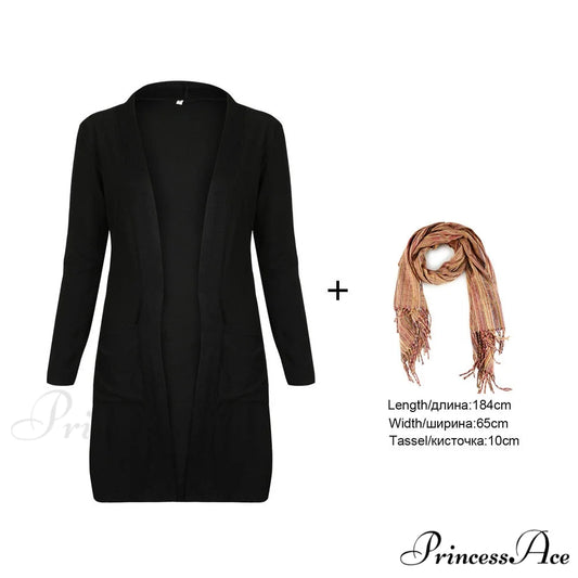 Women Long Sleeve Elegant Pocket Knitted Outerwear Sweater cardigan and scarf / S