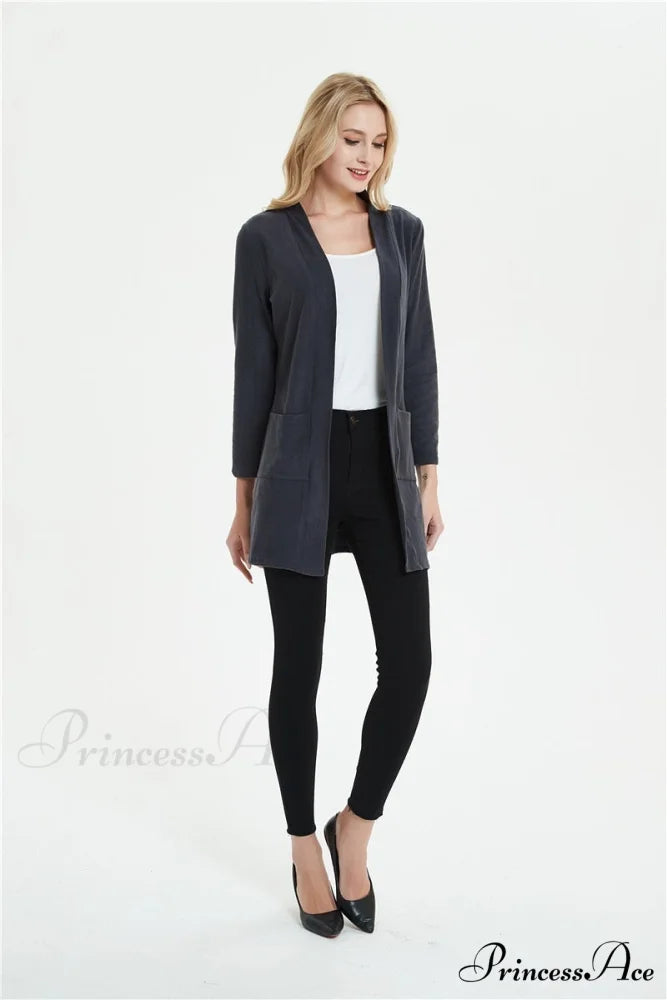 Women Long Sleeve Elegant Pocket Knitted Outerwear Sweater dark gray / S