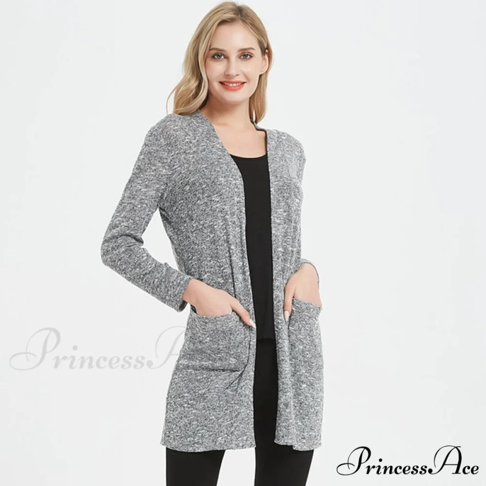 Women Long Sleeve Elegant Pocket Knitted Outerwear Sweater gray / S
