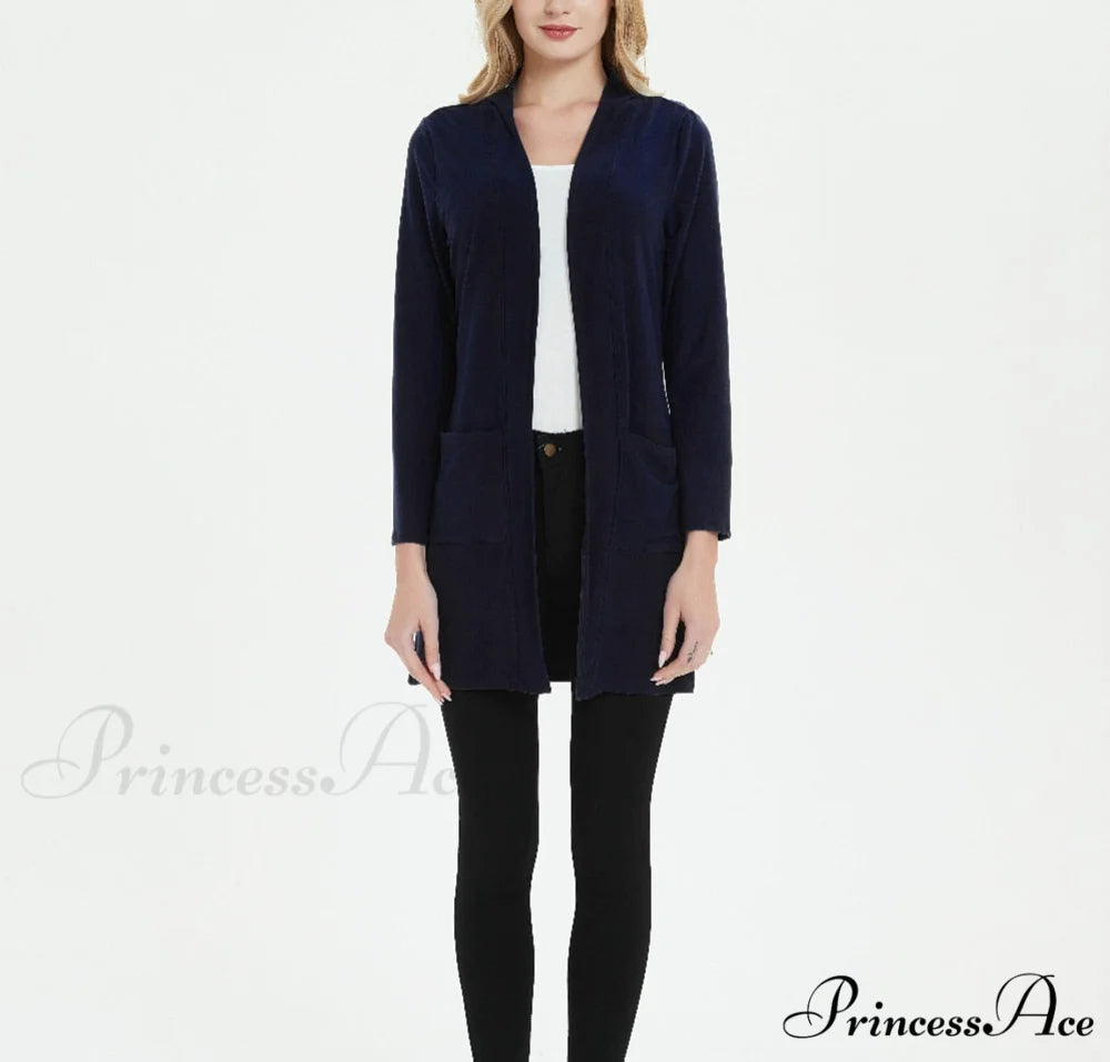 Women Long Sleeve Elegant Pocket Knitted Outerwear Sweater Navy blue / S