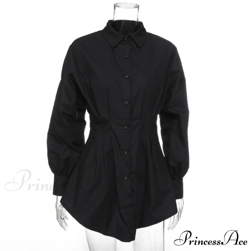 Women Long Sleeve Mini Shirt Dress black / S