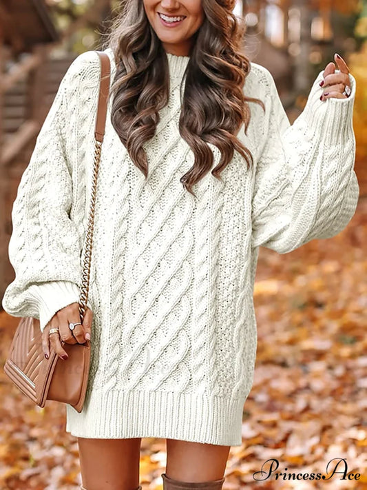 Women Long Sleeve Oversized Cable Knit Sweater Dress