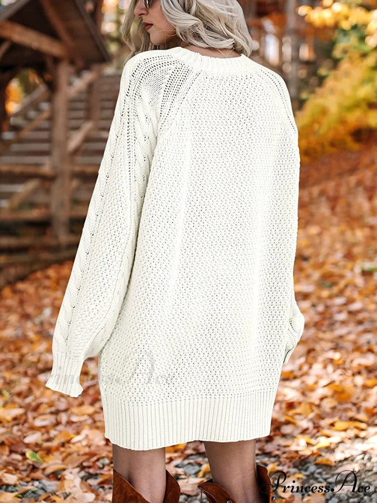 Women Long Sleeve Oversized Cable Knit Sweater Dress