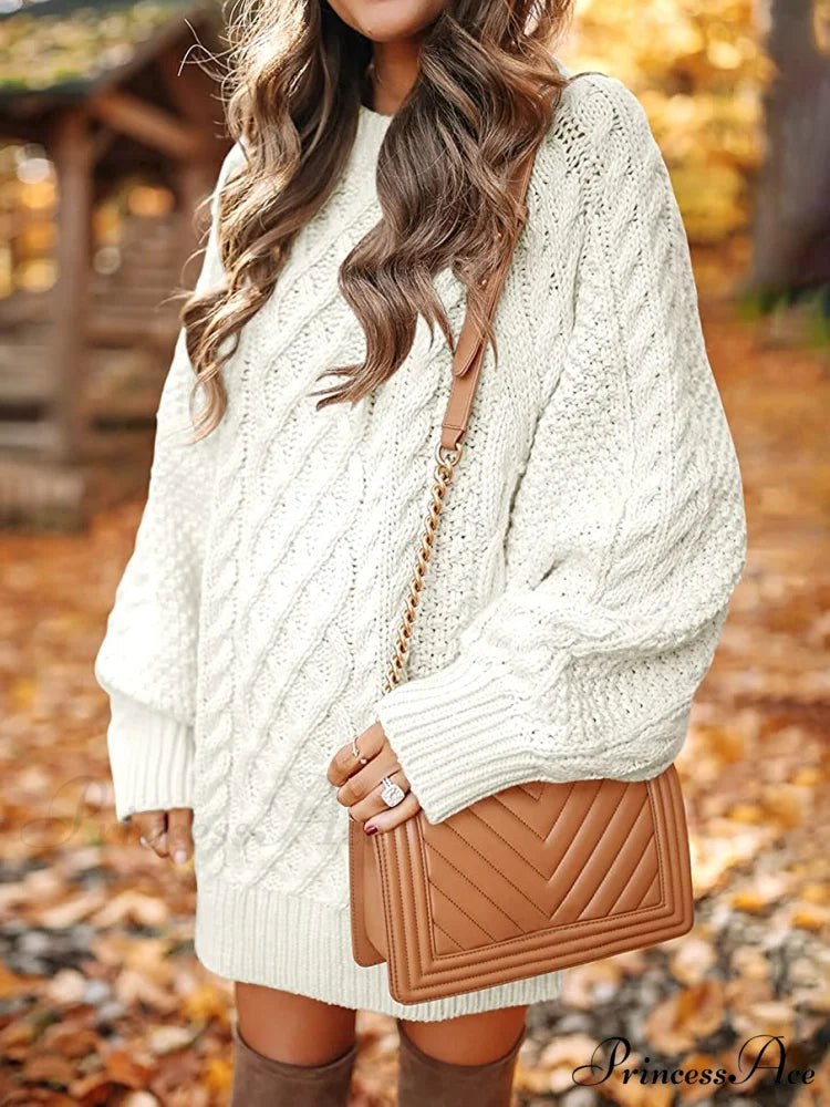 Women Long Sleeve Oversized Cable Knit Sweater Dress