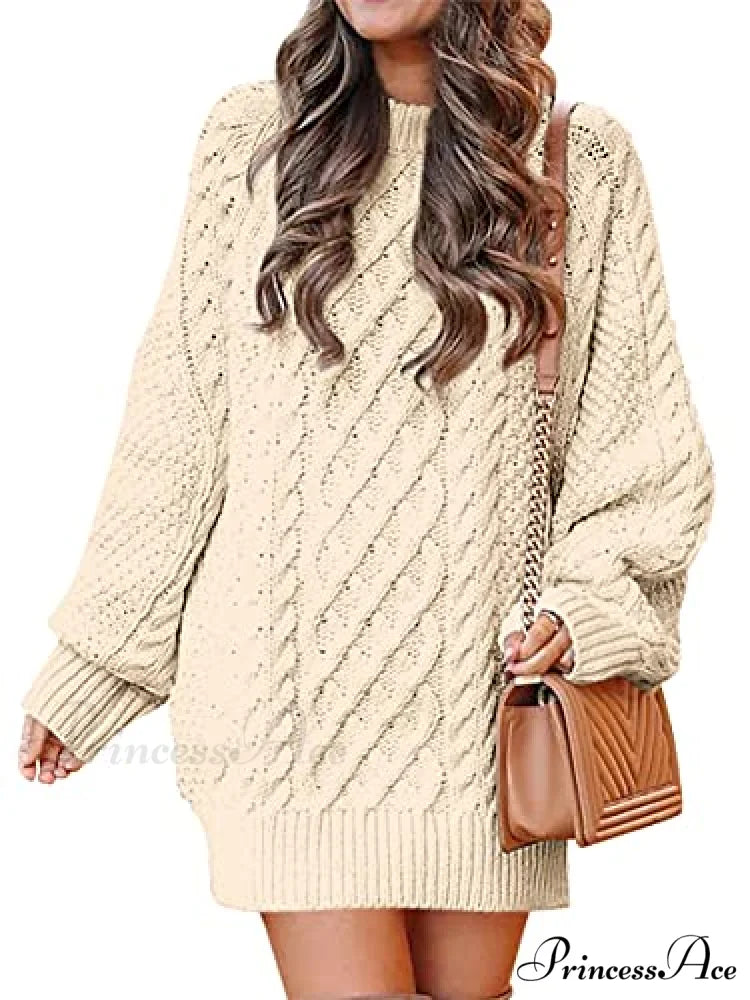 Women Long Sleeve Oversized Cable Knit Sweater Dress