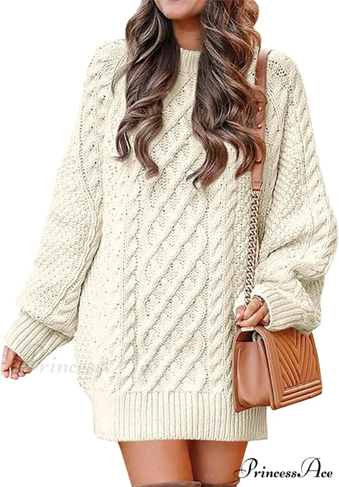 Women Long Sleeve Oversized Cable Knit Sweater Dress Beige / Medium
