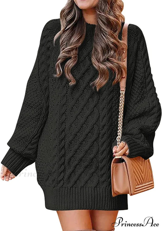 Women Long Sleeve Oversized Cable Knit Sweater Dress Black / Medium