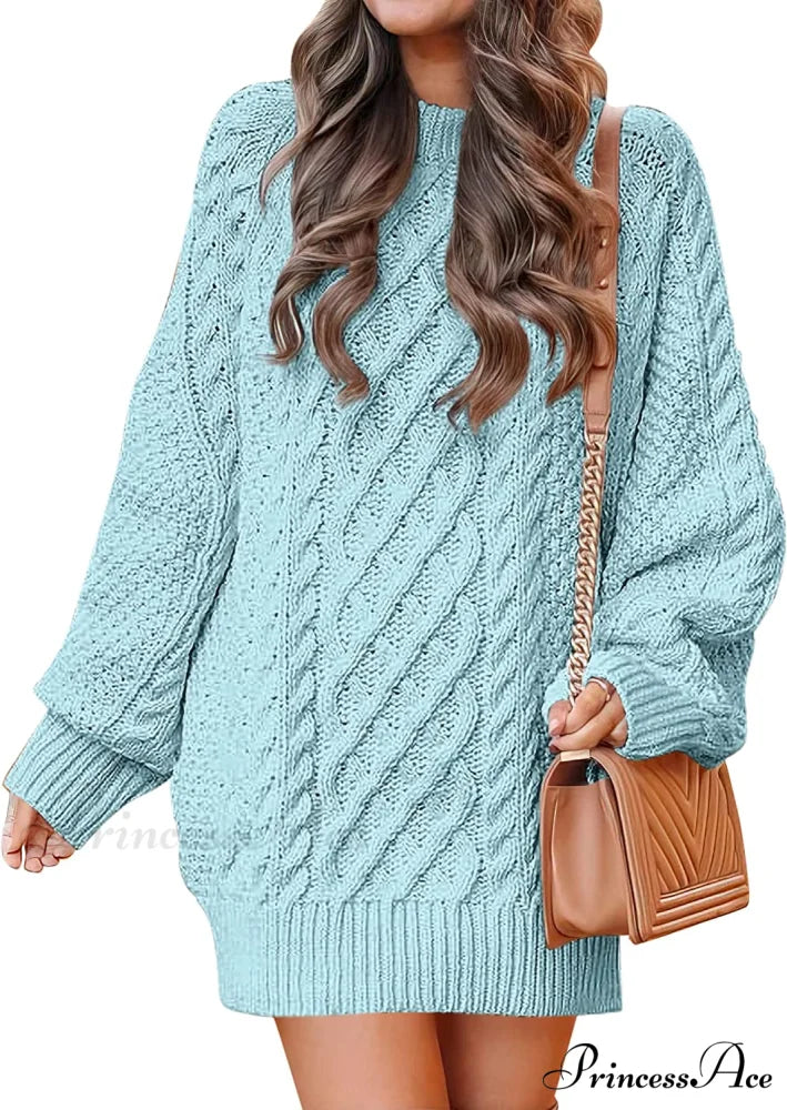 Women Long Sleeve Oversized Cable Knit Sweater Dress Blue / Medium
