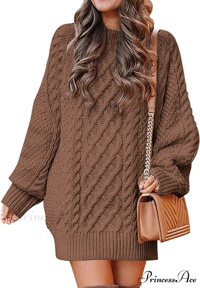 Women Long Sleeve Oversized Cable Knit Sweater Dress Brown / Medium