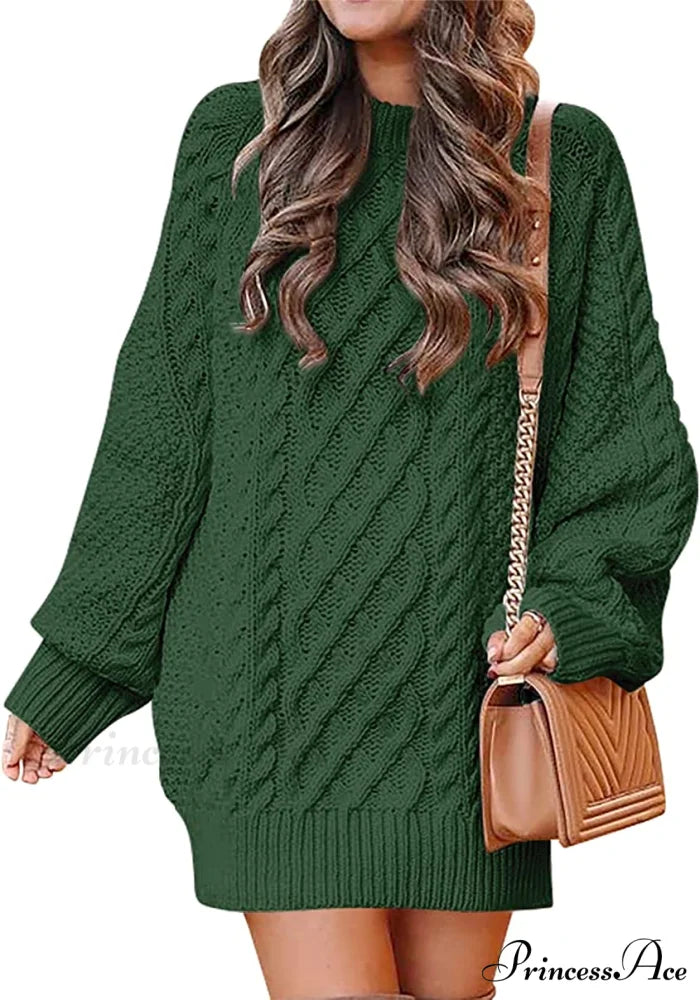 Women Long Sleeve Oversized Cable Knit Sweater Dress Green / Medium