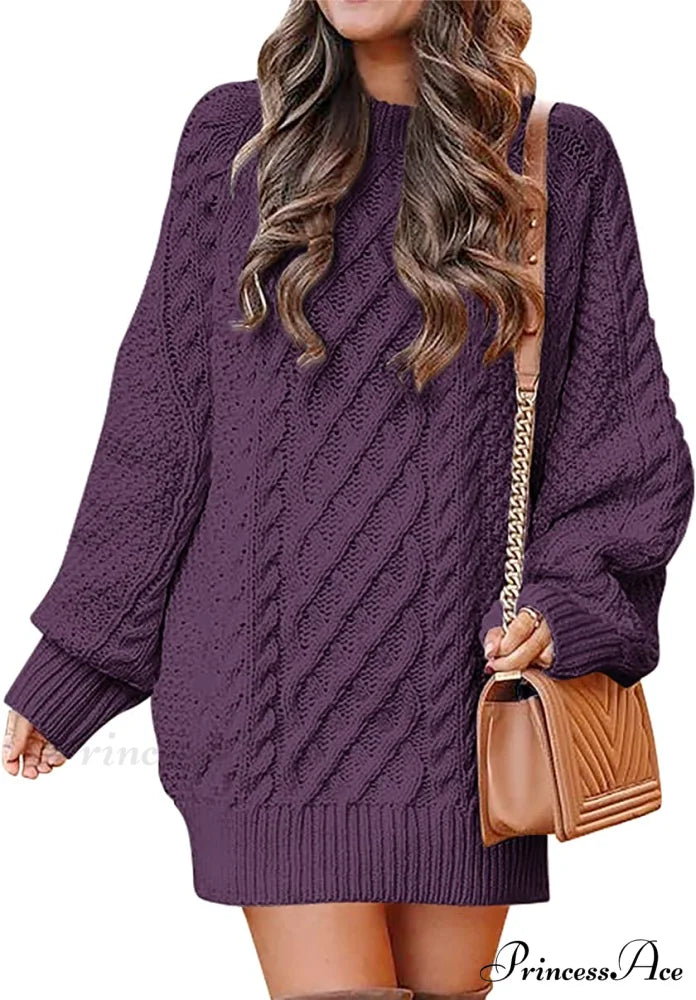 Women Long Sleeve Oversized Cable Knit Sweater Dress Purple / Medium
