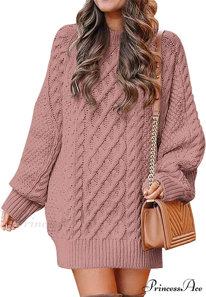 Women Long Sleeve Oversized Cable Knit Sweater Dress Red / Medium