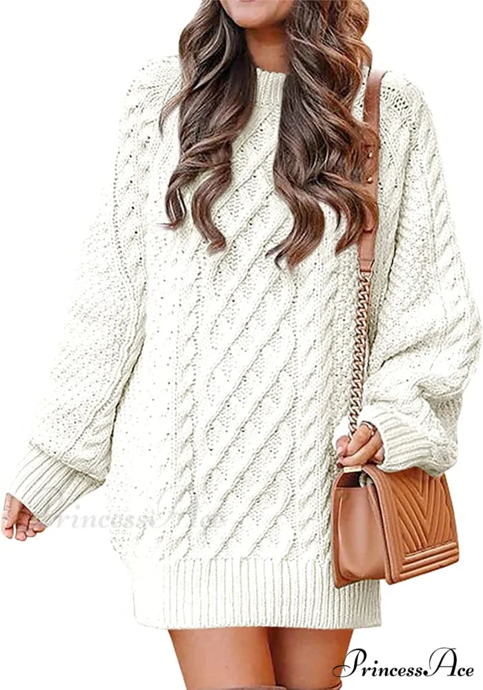 Women Long Sleeve Oversized Cable Knit Sweater Dress White / Medium