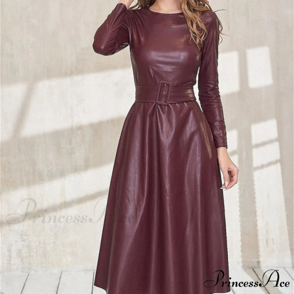 Women Long Sleeve Slim Fit PU Dress Claret / S