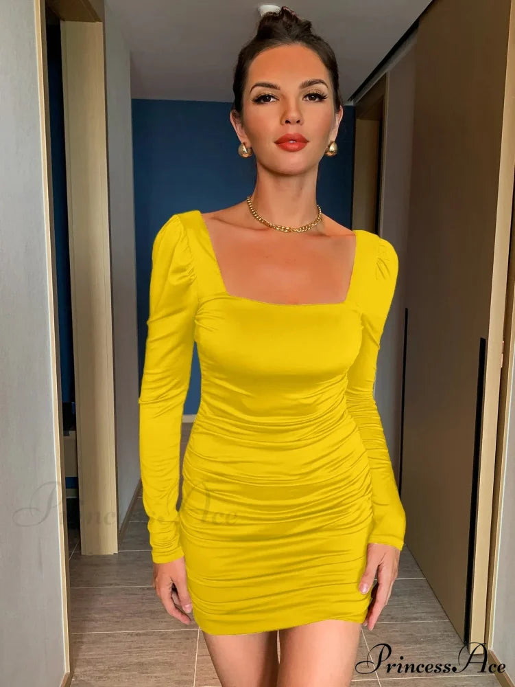 Women Long Sleeve Square Neck Bodycon Mini Dress Yellow / XS