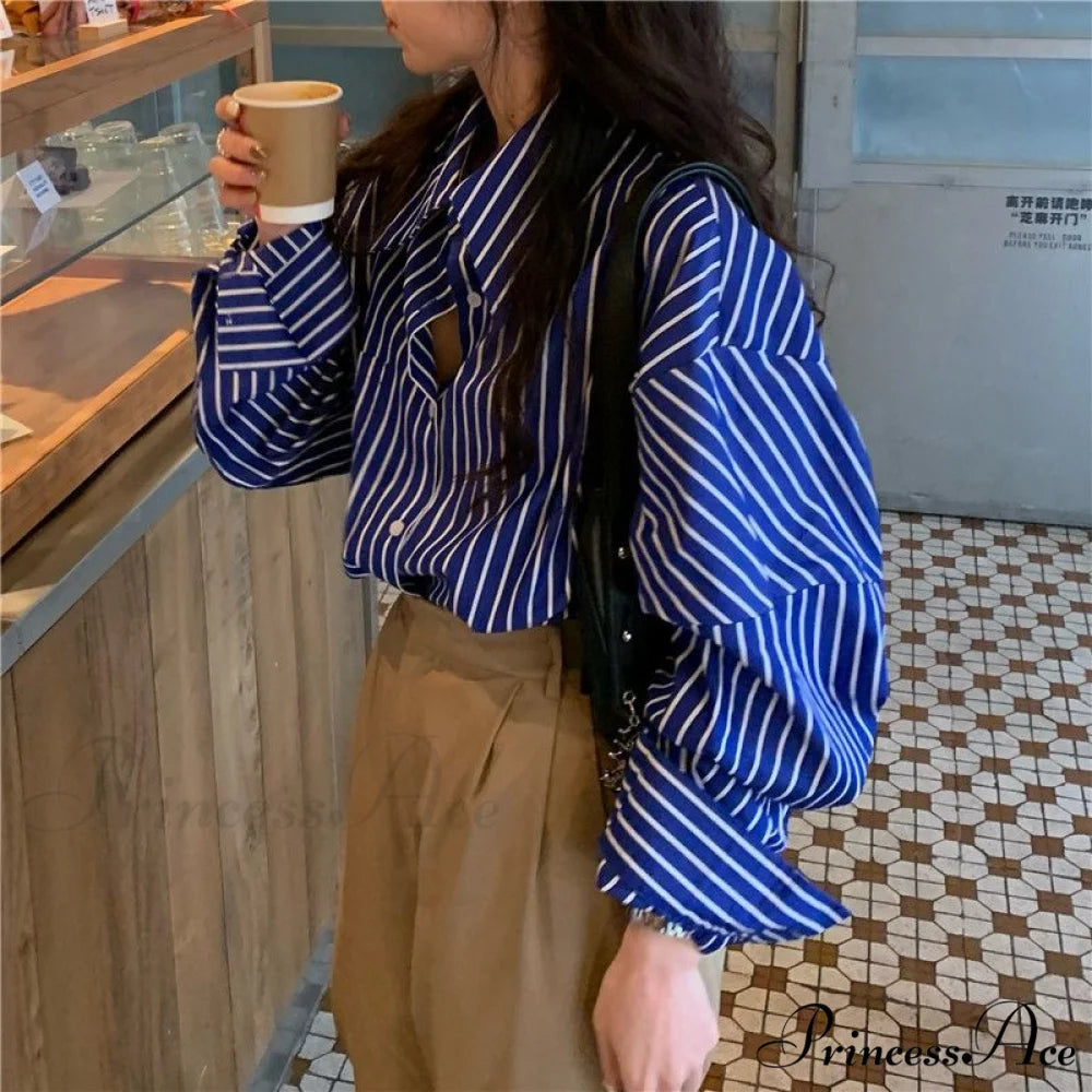 Women Long Tops Arm Casual Vintage Shirts Chic Deeptown Blouses Striped Office Fashion Korean Wear