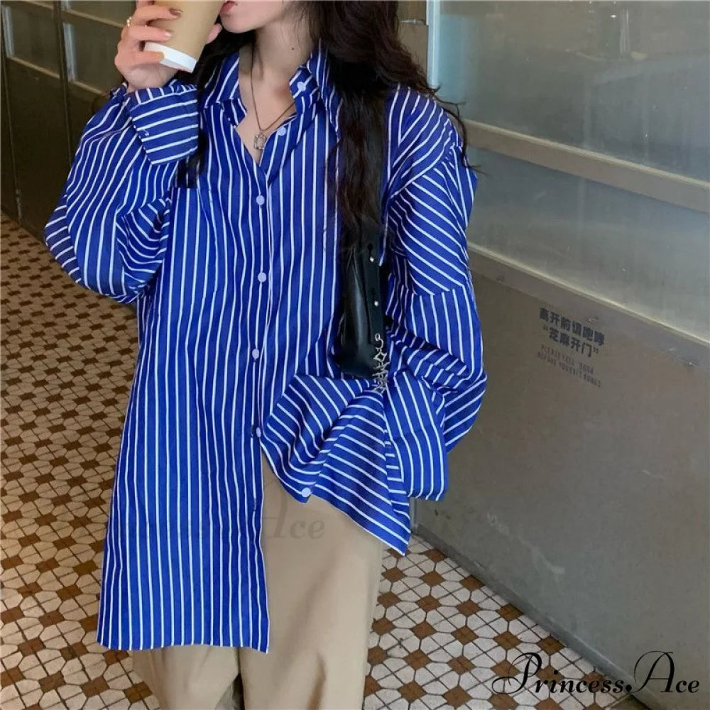 Women Long Tops Arm Casual Vintage Shirts Chic Deeptown Blouses Striped Office Fashion Korean Wear