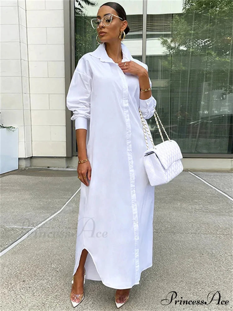 Women Loose Casual Kaftan Shirts Solid Sleeve Lapel Single-breasted Female Vestidos WHITE / S