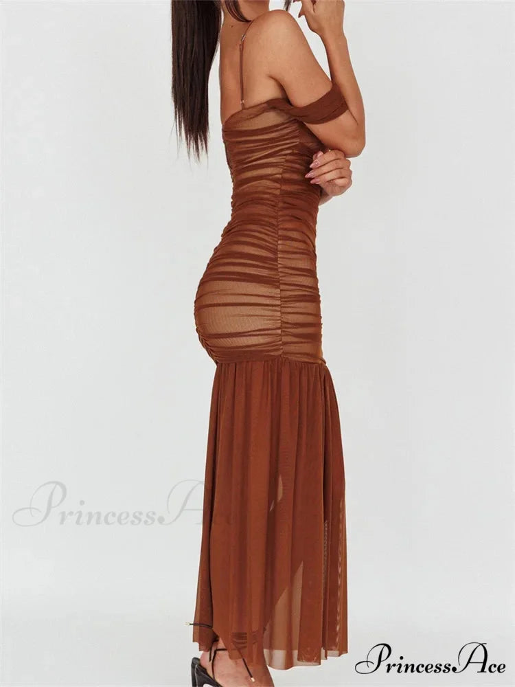 Women Mesh Sheer See Through Low Cut Off Shoulder Strap Backless Ruched Summer Party Vestidos