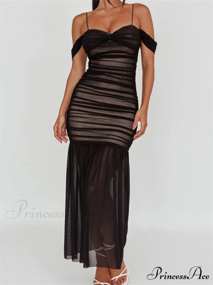 Women Mesh Sheer See Through Low Cut Off Shoulder Strap Backless Ruched Summer Party Vestidos BLACK / S