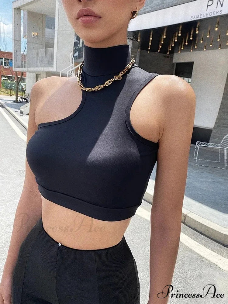 Women Neck Crop With Cut Out Detail Active Asymmetric Crop Tank top Black / S