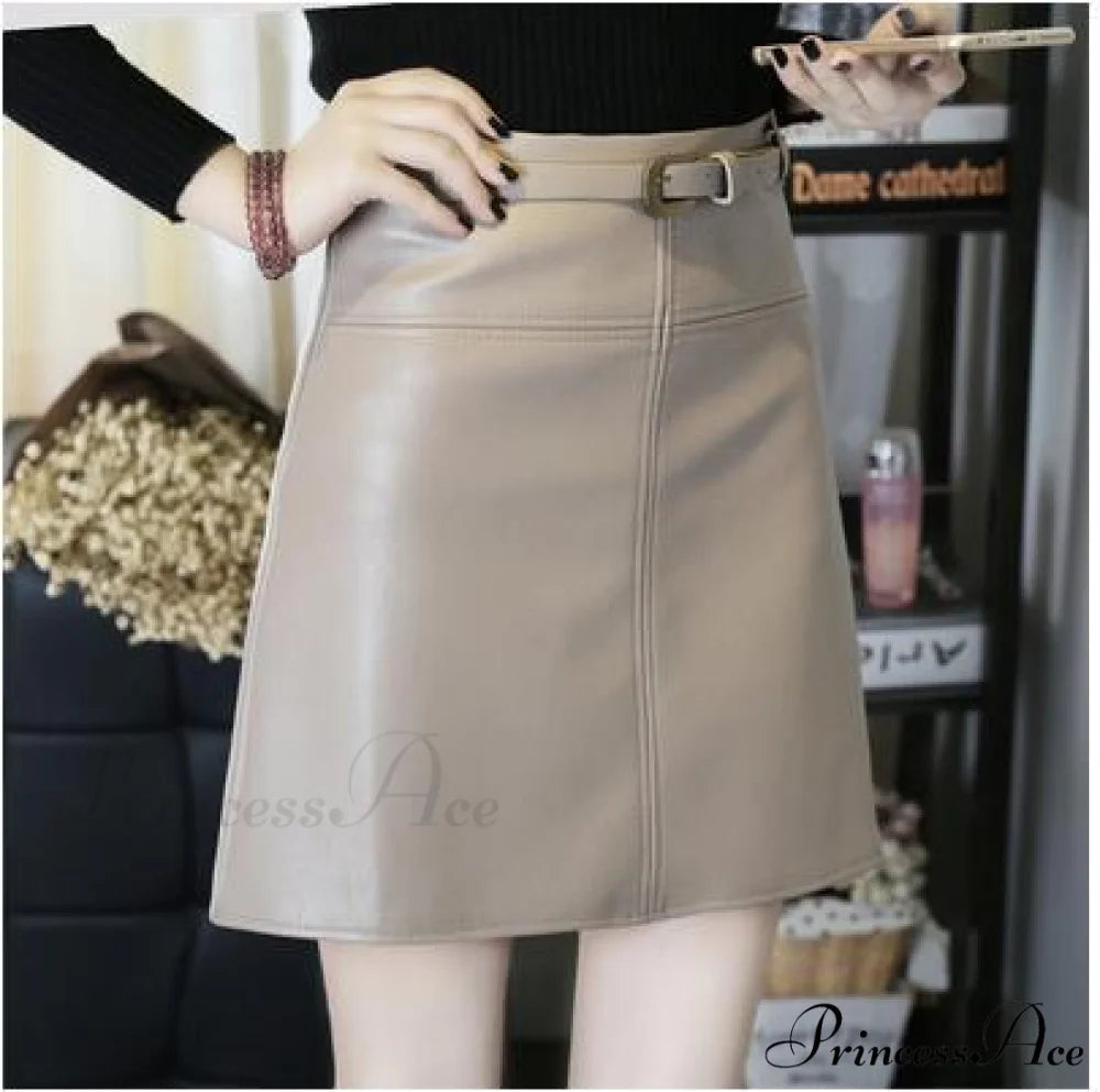 Women New Trend PU Leather Pencil Skirt beige / S