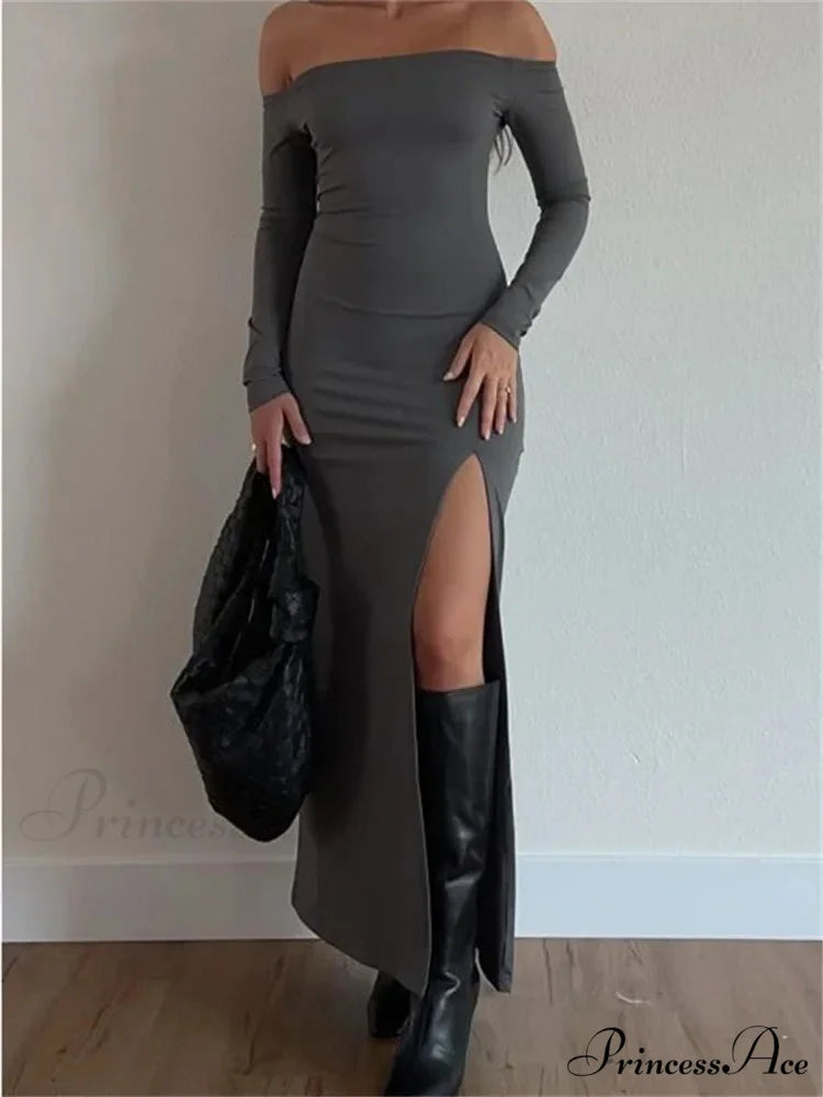 Women Off-Shoulder Solid Color Sleeve Side High Split Slim Fit Party Spring Fall Vestidos GRAY / S