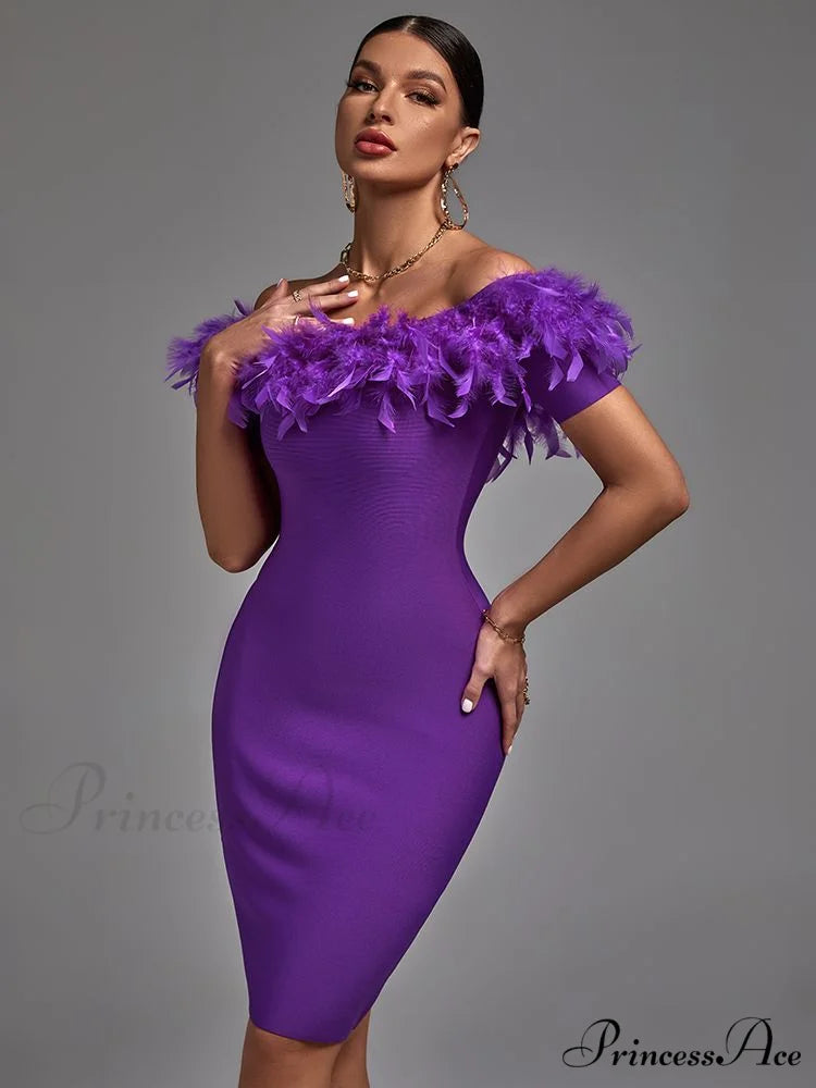 Women Off Shouler Bandage Dress Purple / XS