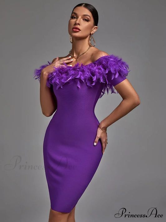 Women Off Shouler Bandage Dress Purple / XS