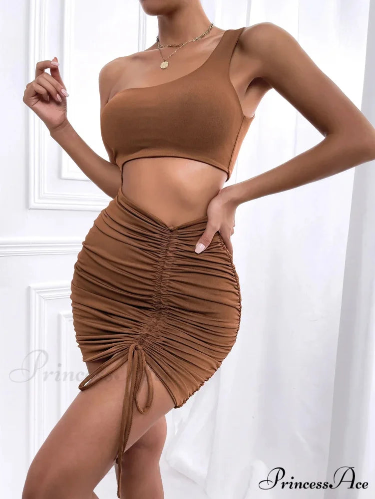 Women One Shoulder Mini Backless Hollow Out Pleated Cut Out Dress LightCoffee / XS