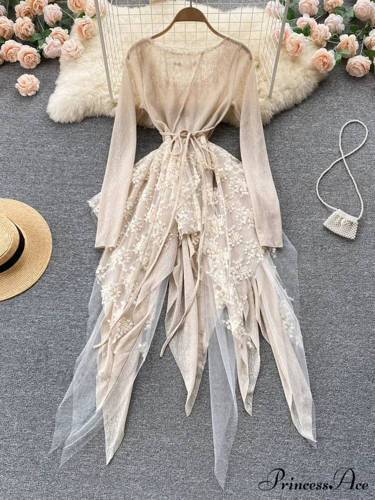 Women Party Warm-Season Waist Closing Up Autumn Temperament Lace Gown Tide New O-neck Elegant Vestidos Irregular 2024