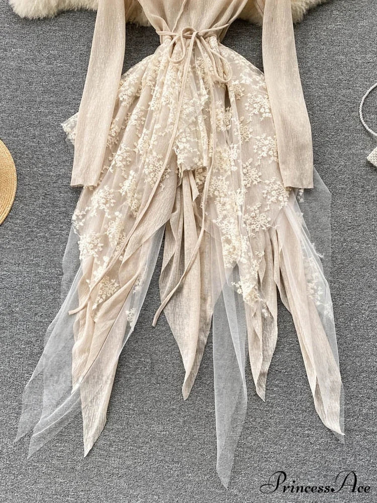 Women Party Warm-Season Waist Closing Up Autumn Temperament Lace Gown Tide New O-neck Elegant Vestidos Irregular 2024